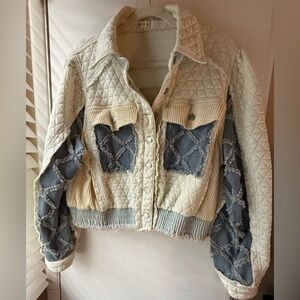 POL Quilted Patchwork Jean Jacket - Cream and Blue